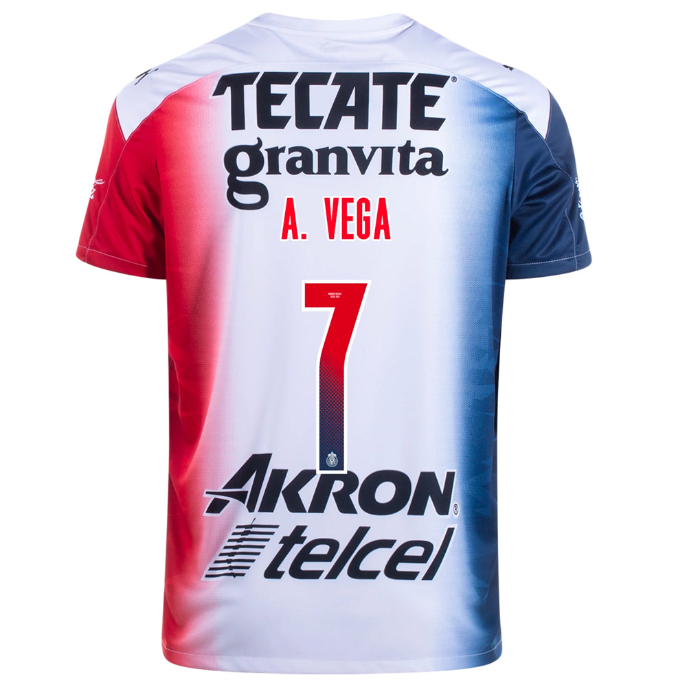 Football Azteca, 2020/21 Chivas de Guadalajara Alexis Vega #7 Away Official Nameset