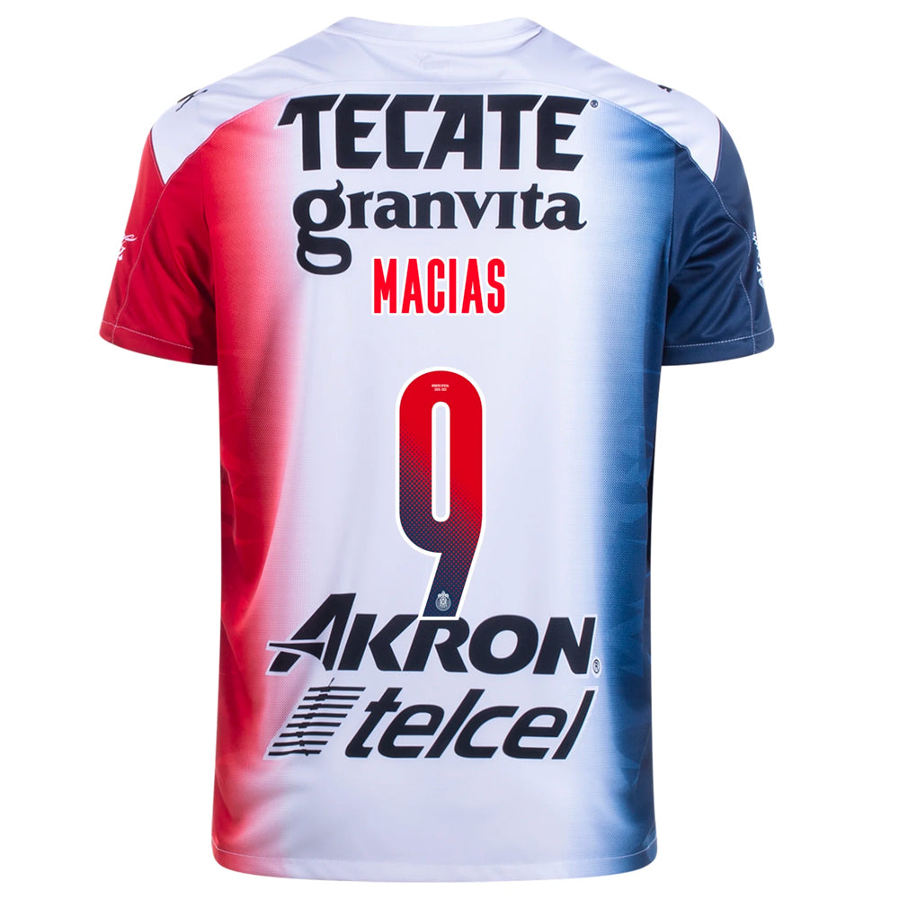 Soccer aztèque, 2020/21 Chivas de Guadalajara Jose Juan Macias #9 Away Official Nameset